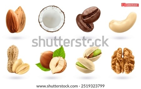 Nuts and grains, high quality 3d realistic vector set. Almond, coconut, coffee, cashew, peanut, hazelnut, pistachio, walnut