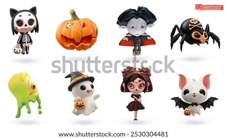 Halloween 3d render vector icon set. Cat, pumpkin, vampire, spider, slime, ghost, girl, bat