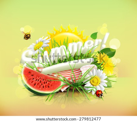 Summer, time for a picnic, watermelon, nature, outdoor recreation, a tablecloth and sun behind, grass, flowers of chamomile and dandelion, vector illustration showing the summertime