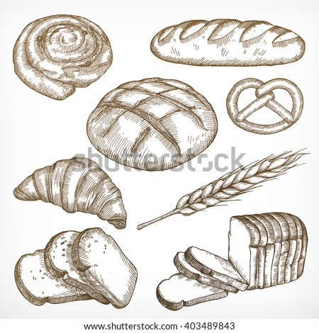 Bread sketches, hand drawing, vector set