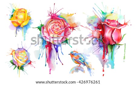 Watercolor roses, set of vector icons