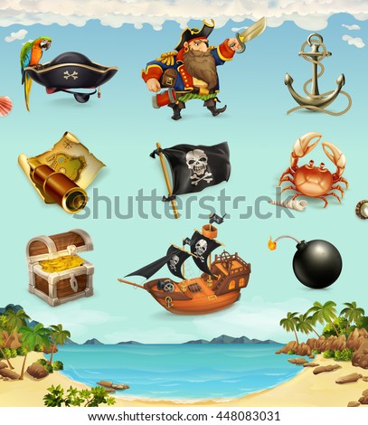 Sea pirates, funny character and objects, vector icon set