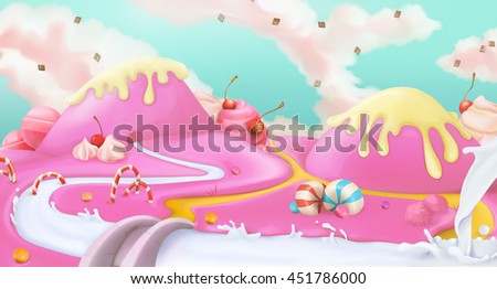 Candy land. Pink sweet landscape, vector 3d background