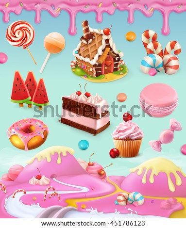 Confectionery and desserts, cake, cupcake, candy, lollipop, whipped cream, icing, set of vector graphics objects with sweet pink background