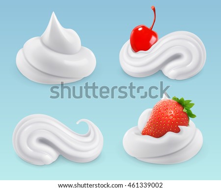 Whipped cream, cherries and strawberries, milk twirl, vector set