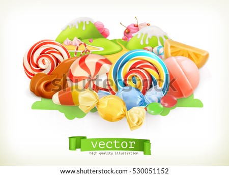 Sweet shop. Swirl candy, lollipop, caramel. Candy land. 3d vector illustration.