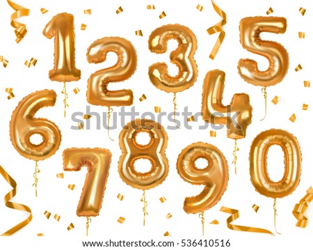 Golden toy balloons and ribbons. Numerical digit. Holiday and party. 3d vector icon set