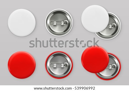 Blank white and red badges. Pin button. 3d vector realistic mockup