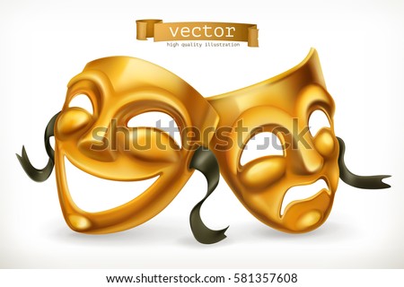 Gold theatrical masks. Comedy and tragedy, 3d vector icon.