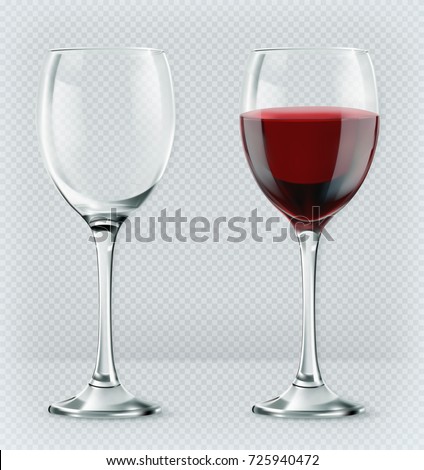 Transparency wine glass. Empty and full. 3d realism, vector icon