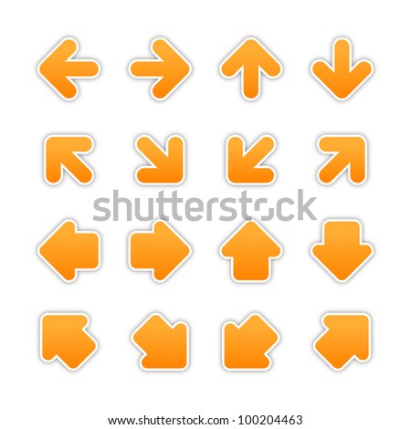 Orange arrow sign sticker web button. Vector saved in EPS 10. Blank satin shapes with gray drop shadow on white background.