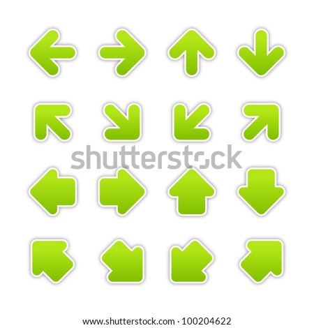 Green arrow sign sticker web button. Vector saved in EPS 10. Blank satin shapes with gray drop shadow on white background.