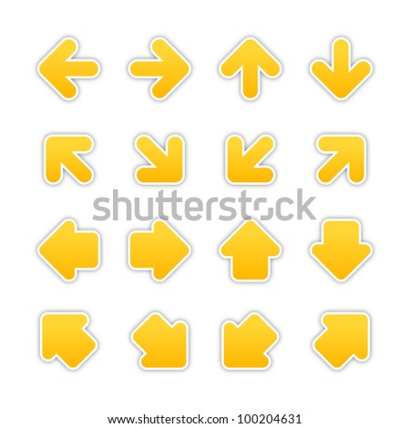 Yellow arrow sign sticker web button. Vector saved in EPS 10. Blank satin shapes with gray drop shadow on white background.