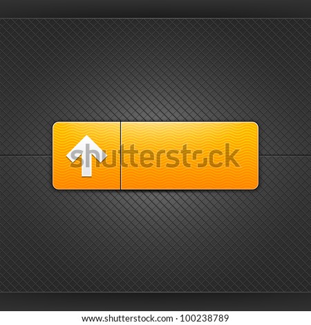 White upload arrow sign on orange rounded rectangle web button. Glowing shape with shadow on black metal background. Vector illustration saved 10 eps.