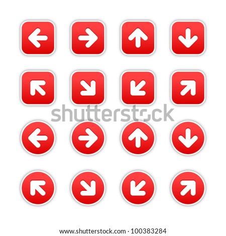 Red stickers with arrow sign. Circles and rounded square shapes with gray drop shadow on white background. This vector illustration saved in 10 eps.