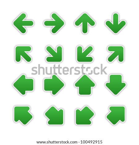 Green dark arrow sign sticker web button. Blank satin shapes with gray drop shadow on white background. Vector illustration saved in EPS 10.