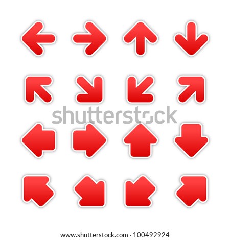 Red arrow sign sticker web button. Blank satin shapes with gray drop shadow on white background. Vector illustration saved in EPS 10.