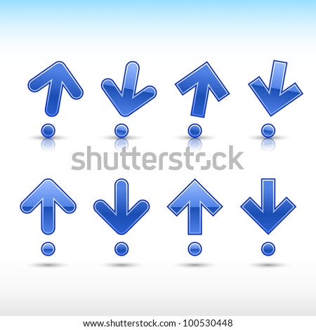 Cobalt arrow sign in form of exclamation mark. Glossy and satined shapes with reflection on white background. Vector illustration saved in 10 eps.