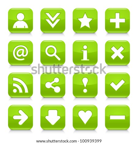 16 glossy green button with basic sign. Rounded square shape internet web icon with black shadow and reflection on white background. This vector illustration design elements saved 8 eps