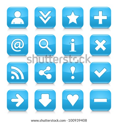 16 glossy blue button with basic sign. Rounded square shape internet web icon with black shadow and reflection on white background. This vector illustration design elements saved 8 eps