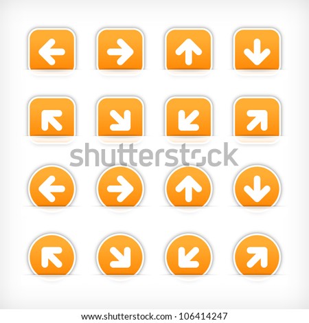 Orange sign arrow sticker on cut paper pocket. Web button blank satin circles and rounded square shapes with gray drop shadow on white background. This vector illustration design element saved 10 eps