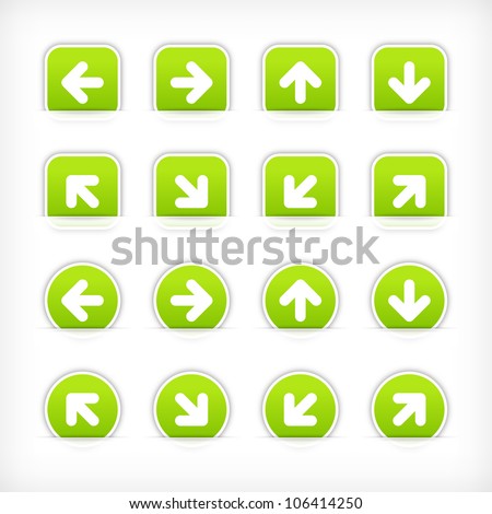 Green sign arrow sticker on cut paper pocket. Web button blank satin circles and rounded square shapes with gray drop shadow on white background. This vector illustration design element saved 10 eps