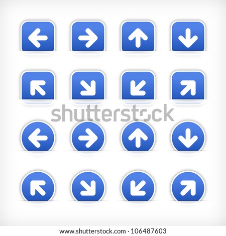 Cobalt arrow sign sticker on cut paper pocket. Web button blank satin circles and rounded square shapes with gray drop shadow on white background. This vector illustration design element 10 eps