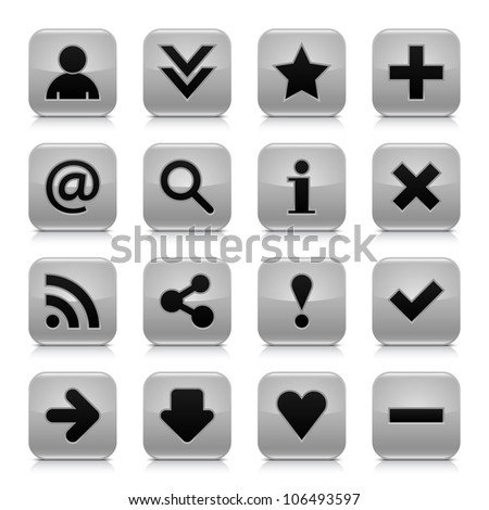16 glossy gray button with black basic sign. Rounded square shape internet web icon with dark shadow and gray reflection on white background. This vector illustration design elements saved 8 eps