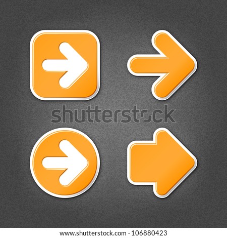 4 orange sticker arrow sign web icon. Smooth internet button with drop shadow on gray background with noise effect. This vector illustration clip-art design element saved in 10 eps