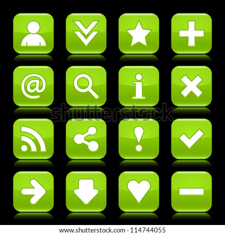 Glossy green button with basic sign. Rounded square shape internet web icon with  color reflection on black background. This vector illustration saved 8 eps