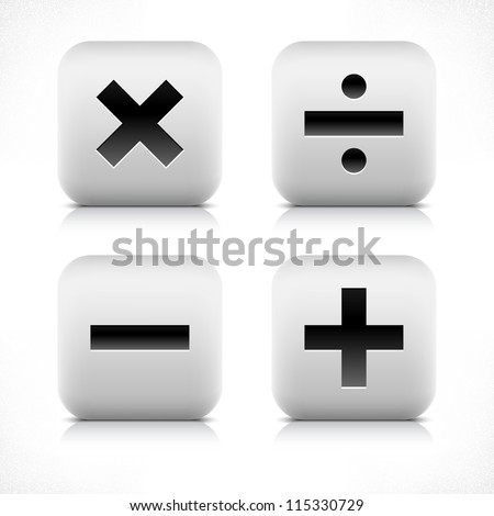 Stone web button calculator icon. Division, minus, plus, multiplication sign. White rounded square shape with black shadow and gray reflection on white background. Vector illustration saved in 8 eps