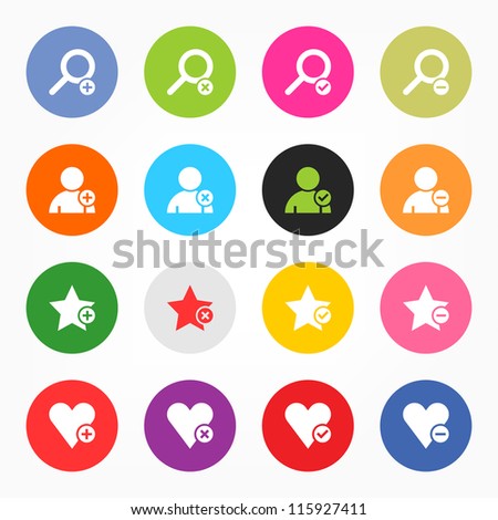 Loupe, user profile, star favorite, heart bookmark icon with plus, delete, check mark and minus sign. 16 popular colors circle shape internet button on gray background. Vector illustration 8 eps