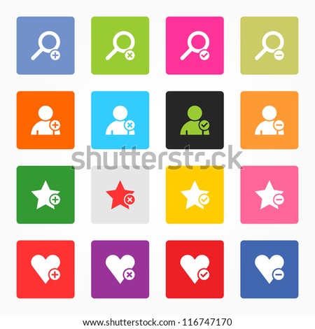 Loupe, user profile, star favorite, heart bookmark icon with plus, delete, check mark and minus sign. 16 popular colors rounded square web internet button on gray background. Vector illustration 8 eps