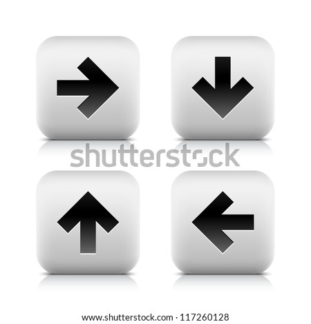 Black arrow icon web sign. Right, down, left, up glyph. Series stone style. Rounded square button with shadow and reflection on white background. Vector illustration clip-art design element in 8 eps