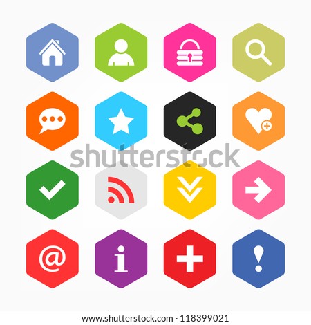 Basic sign icon set. Simple rounded hexagon internet button gray background. Solid plain monochrome color flat tile. Minimal modern metro style. Vector illustration web design elements saved 8 eps