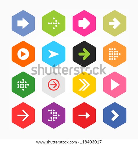 Arrow icon sign set. Simple rounded hexagon internet button gray background. Solid plain monochrome color flat tile. New minimal contemporary metro style. Vector illustration web design elements 8 eps