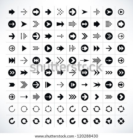 100 arrow sign icon set. Volume 01 (black version). Modern simple pictogram minimal, flat, solid, mono, monochrome, plain, contemporary style. Vector illustration web internet design elements in 8 eps