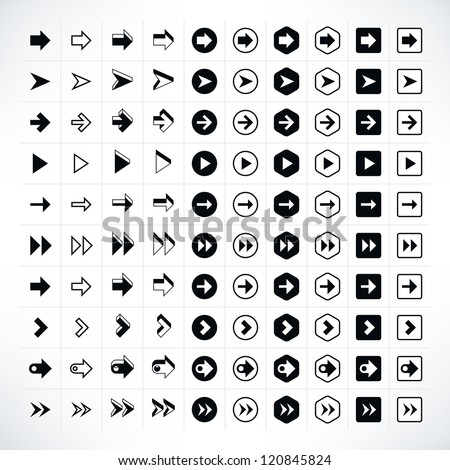 100 arrow sign icon set. Volume 02 (black version). Modern simple pictogram minimal, flat, solid, mono, monochrome, plain, contemporary style. Vector illustration web internet design elements in 8 eps