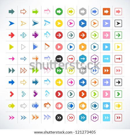 100 arrow sign icon set. Volume 02 (color version). 25 different colors. Modern simple pictogram minimal, flat, solid, mono, plain, modern style. Vector illustration web internet design elements 8 eps