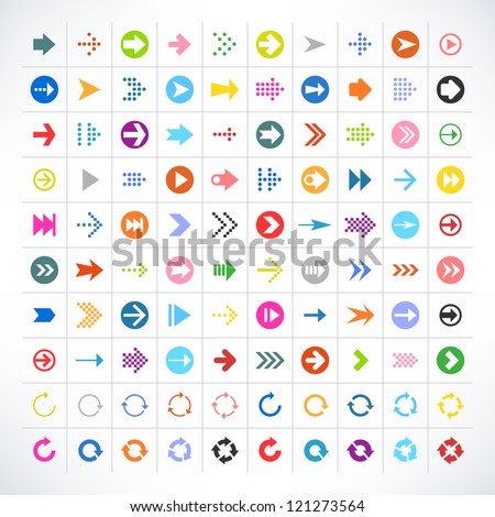 100 arrow sign icon set. Volume 02 (color version). 25 different colors. Simple pictogram minimal, flat, solid, mono, plain, contemporary style. Vector illustration web internet design elements 8 eps