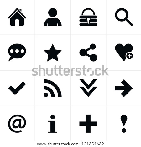 16 pictogram basic sign set. Simple black icon on white background. Modern contemporary solid plain flat mono minimal style. This vector illustration web design elements saved in 8 eps