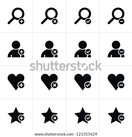 16 web pictogram set. Loupe, user, star, heart with plus, delete, check mark, minus sign. Simple black icon on white. Modern solid plain flat minimal style. Vector illustration design elements 8 eps