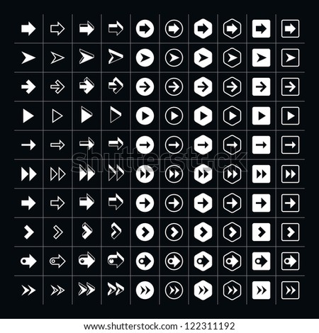 100 arrow sign icon set. Volume 02 (white version). Simple pictogram minimal, flat, solid, mono, monochrome, plain, contemporary 2D style. Vector illustration web internet design elements saved 8 eps