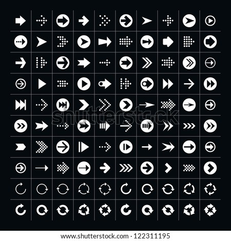 100 arrow sign icon set. Volume 1 (white version). Simple pictogram minimal, flat, solid, mono, monochrome, plain, contemporary 2-d style. Vector illustration web internet design elements saved 8 eps