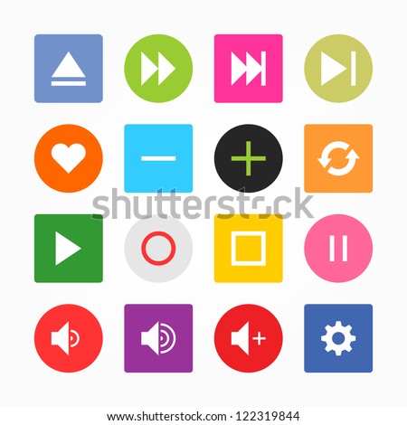 Media player control button ui icon set. Simple circle and rounded square internet sign on gray background. Solid plain monochrome color flat tile. New minimal metro style. Web design elements 8 eps