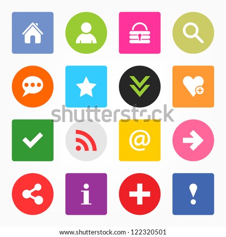 16 popular colors icon with basic sign. Simple circle and rounded square internet button. Solid plain monochrome flat tile metro style. Vector illustration web design elements saved 8 eps