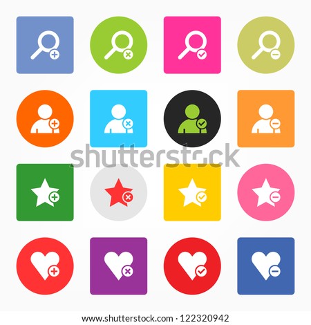 Loupe, user profile, star favorite, heart bookmark icon with plus, delete, check mark and minus sign. 16 popular circle and rounded square internet button. Vector illustration design element 8 eps