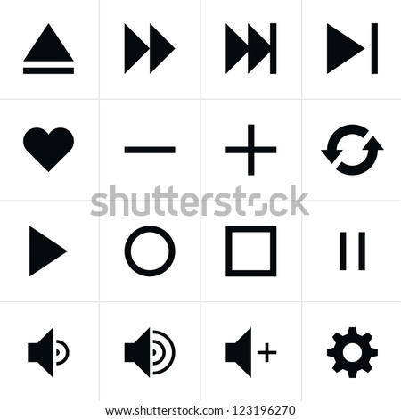 16 media player black pictogram control button sign set. Modern contemporary solid plain flat minimal style. Simple icon on white background. Vector illustration web design elements saved in 8 eps