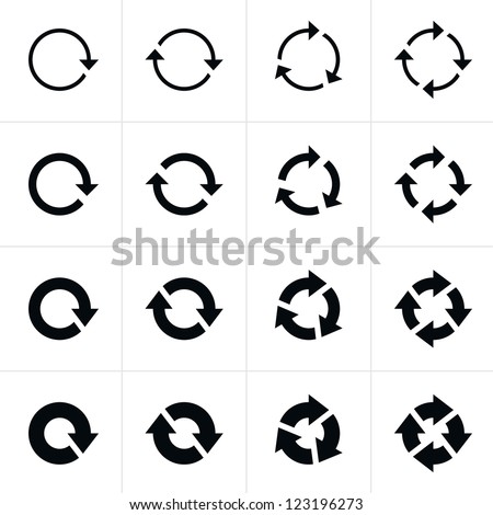 16 arrow pictogram refresh reload rotation loop sign set. Modern contemporary mono solid plain flat minimal style. Simple black icon on white background. Vector illustration web design elements 8 eps