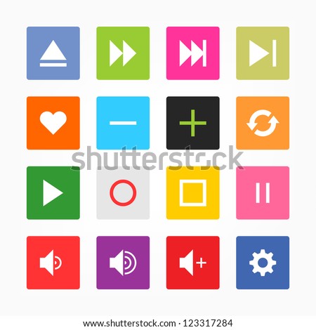 Media player control button ui icon set. Simple rounded square sticker internet sign gray background. Solid plain mono one-color flat tile. Newest style. Vector illustration web design elements 8 eps